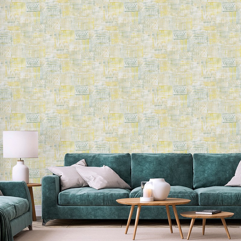 Fotografía en detalle de Papel pintado ÉTNICO AMARILLO Y VERDE de Servicat Pinturas