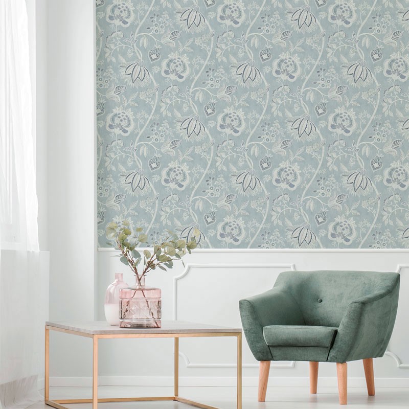 Fotografía en detalle de Papel pintado FLORAL ÉTNICO AZUL PASTEL de Servicat Pinturas