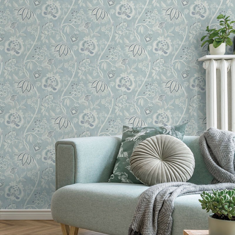 Fotografía en detalle de Papel pintado FLORAL ÉTNICO AZUL PASTEL de Servicat Pinturas