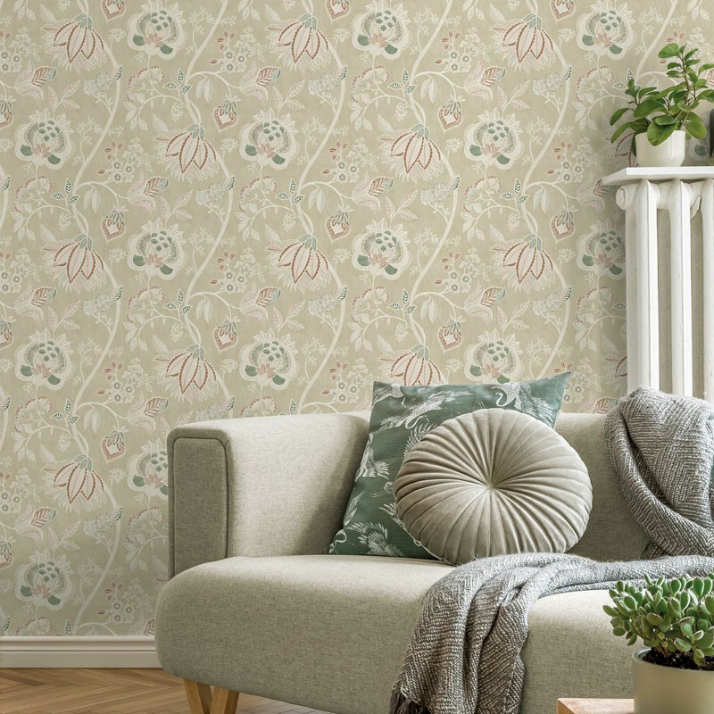 Fotografía en detalle de Papel pintado FLORAL ÉTNICO BEIGE Y VERDE de Servicat Pinturas