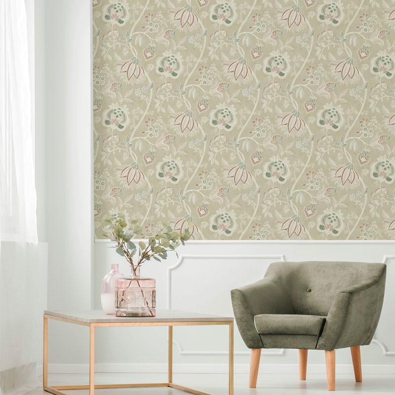 Fotografía en detalle de Papel pintado FLORAL ÉTNICO BEIGE Y VERDE de Servicat Pinturas