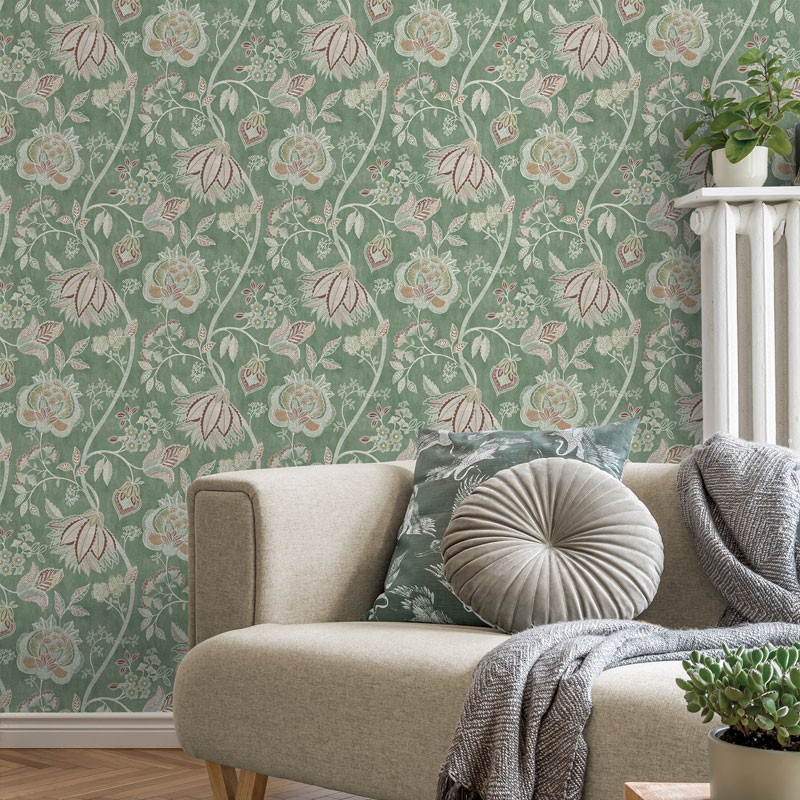 Fotografía en detalle de Papel pintado FLORAL ÉTNICO VERDE de Servicat Pinturas
