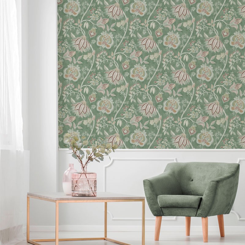 Fotografía en detalle de Papel pintado FLORAL ÉTNICO VERDE de Servicat Pinturas