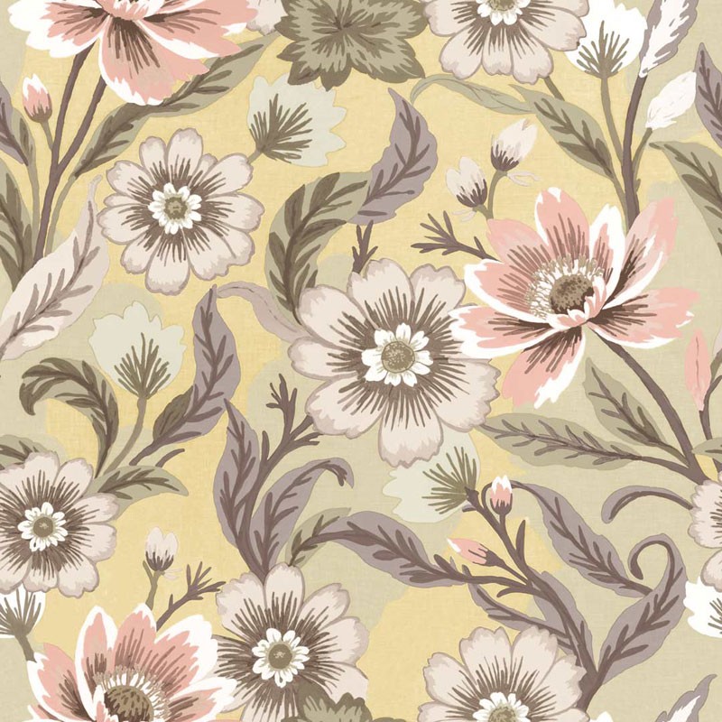 Papel pintado FLORES VINTAGE LAVANDA Y ROSA CON AMARILLO