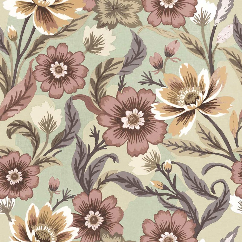 Papel pintado FLORES VINTAGE MARRÓN ROJIZO CON VERDE