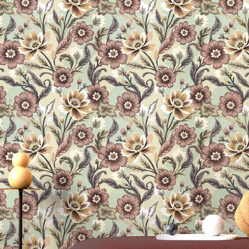 Fotografía en detalle de Papel pintado FLORES VINTAGE MARRÓN ROJIZO CON VERDE de Servicat Pinturas