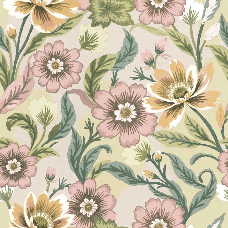 Papel pintado FLORES VINTAGE ROSADO Y NARANJA CON VERDE