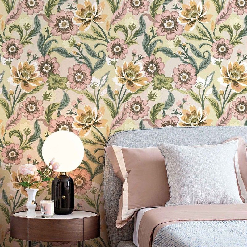 Fotografía en detalle de Papel pintado FLORES VINTAGE ROSADO Y NARANJA CON VERDE de Servicat Pinturas