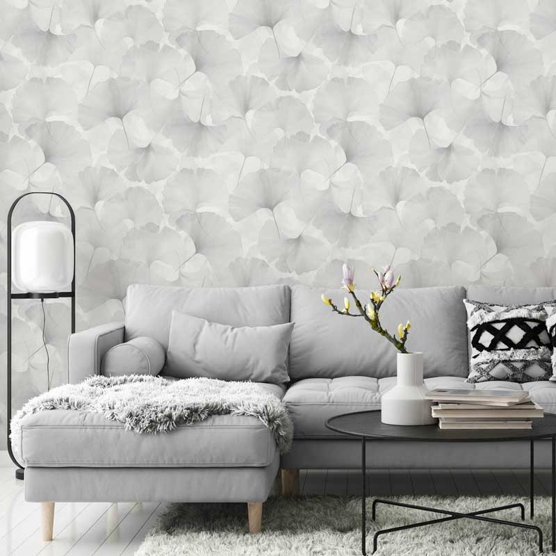 Fotografía en detalle de Papel pintado HOJAS GINKGO GRIS PERLADO de Servicat Pinturas