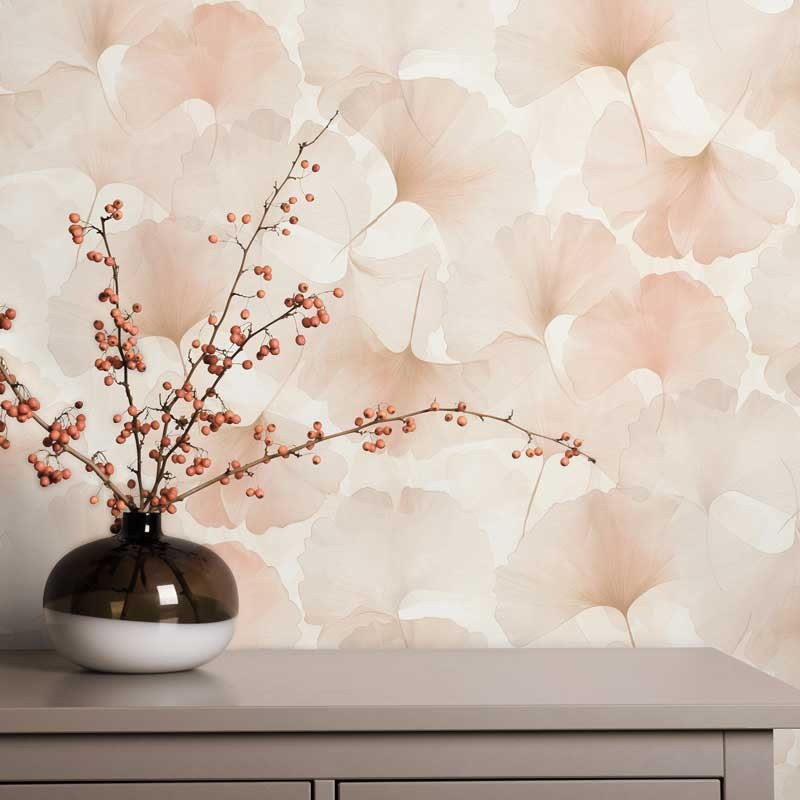 Fotografía en detalle de Papel pintado HOJAS GINKGO ROSA CORAL de Servicat Pinturas