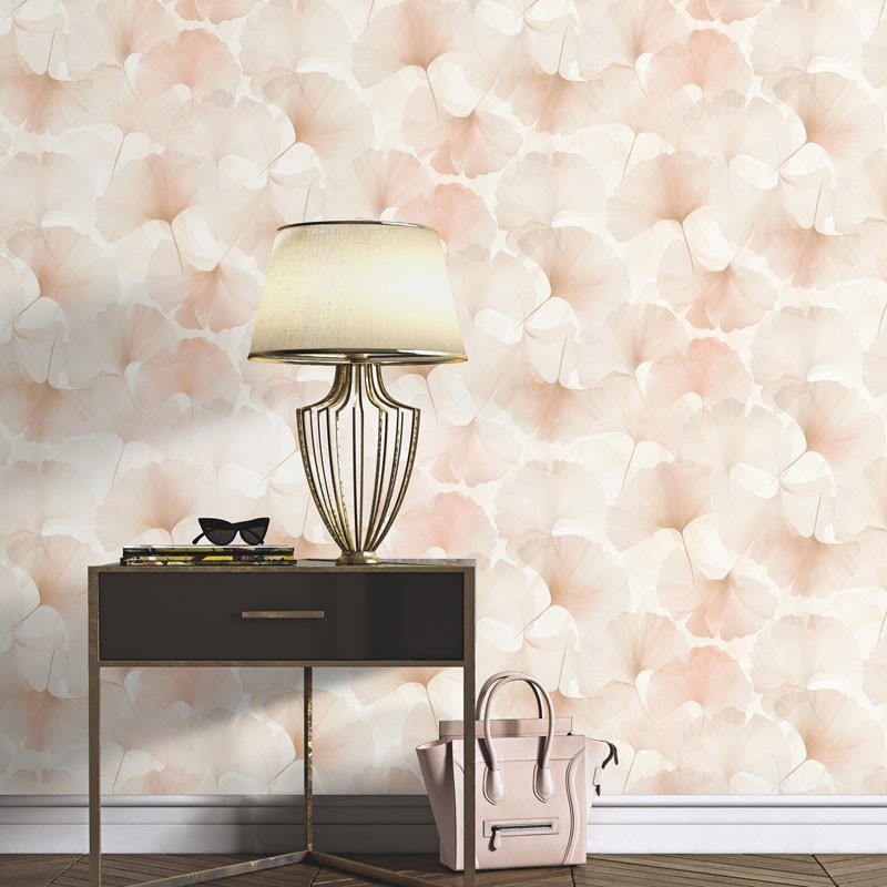 Fotografía en detalle de Papel pintado HOJAS GINKGO ROSA CORAL de Servicat Pinturas