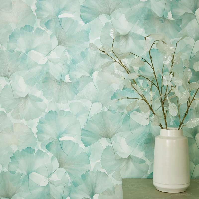 Fotografía en detalle de Papel pintado HOJAS GINKGO VERDE AGUA de Servicat Pinturas