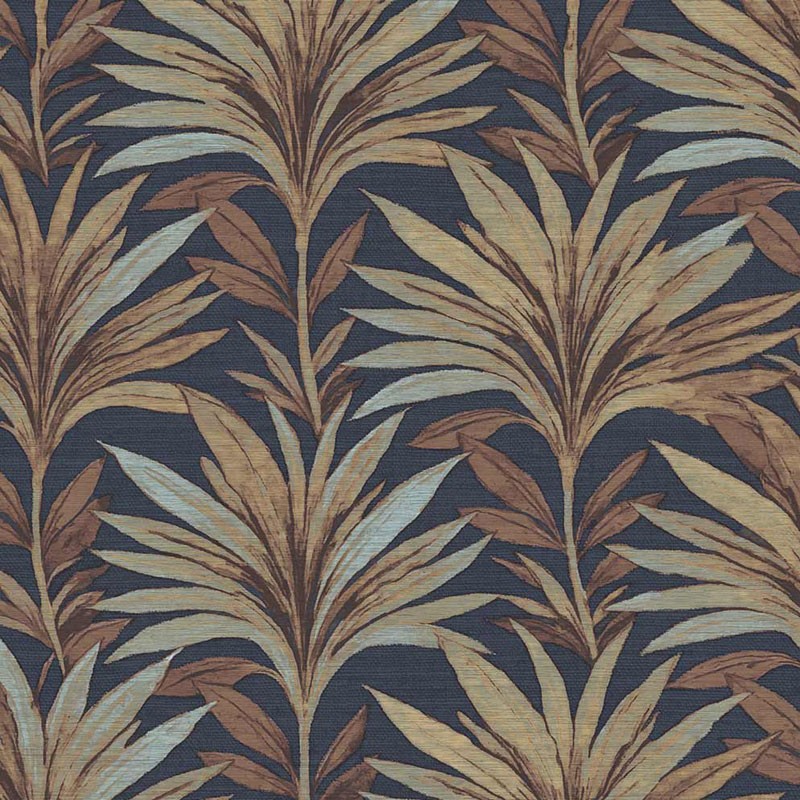 Papel pintado HOJAS TROPICALES EFECTO TEJIDO MARRÓN Y AZUL