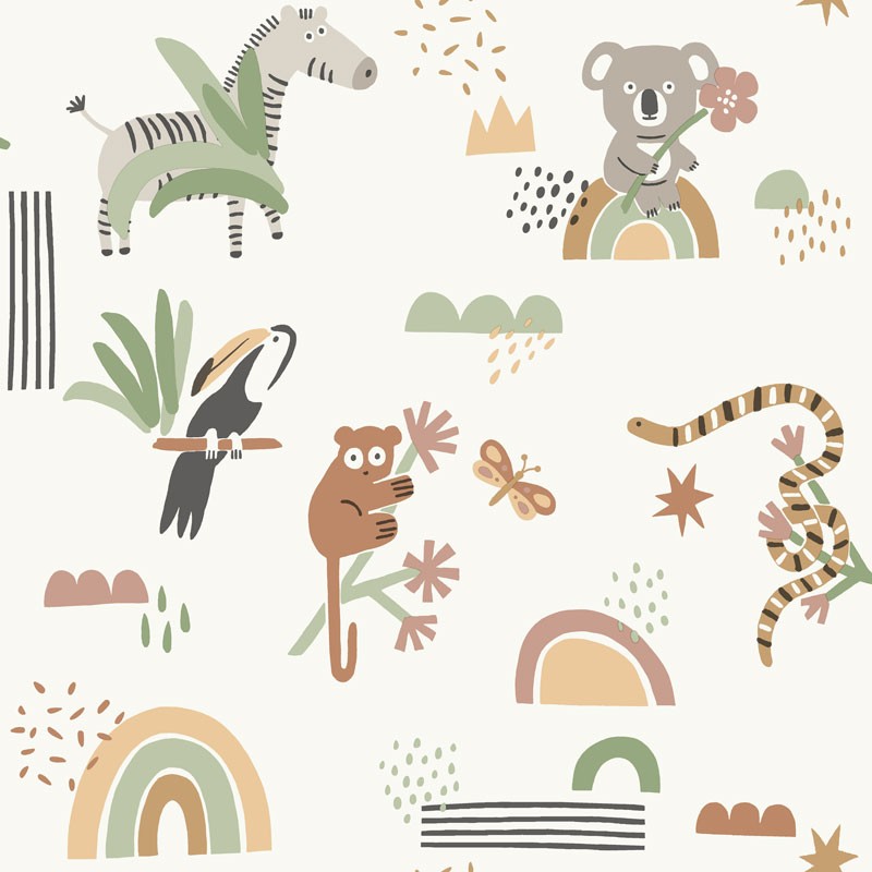 Papel pintado INFANTIL ANIMALES VERDE Y BEIG