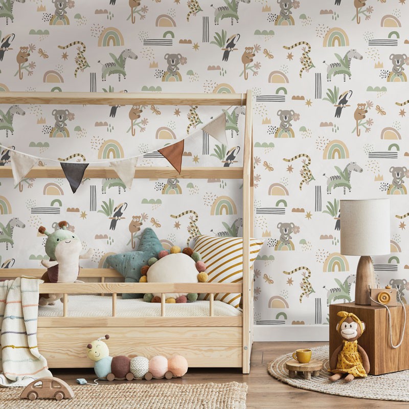 Fotografía en detalle de Papel pintado INFANTIL ANIMALES VERDE Y BEIG de Servicat Pinturas