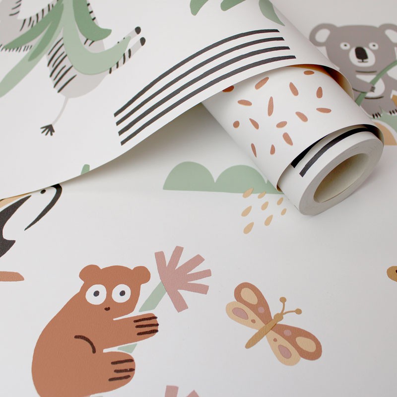 Fotografía en detalle de Papel pintado INFANTIL ANIMALES VERDE Y BEIG de Servicat Pinturas