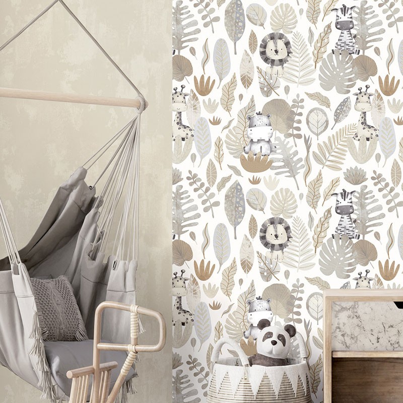 Fotografía en detalle de Papel pintado INFANTIL SELVA TROPICAL BEIGE de Servicat Pinturas