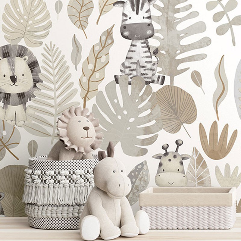 Fotografía en detalle de Papel pintado INFANTIL SELVA TROPICAL BEIGE de Servicat Pinturas