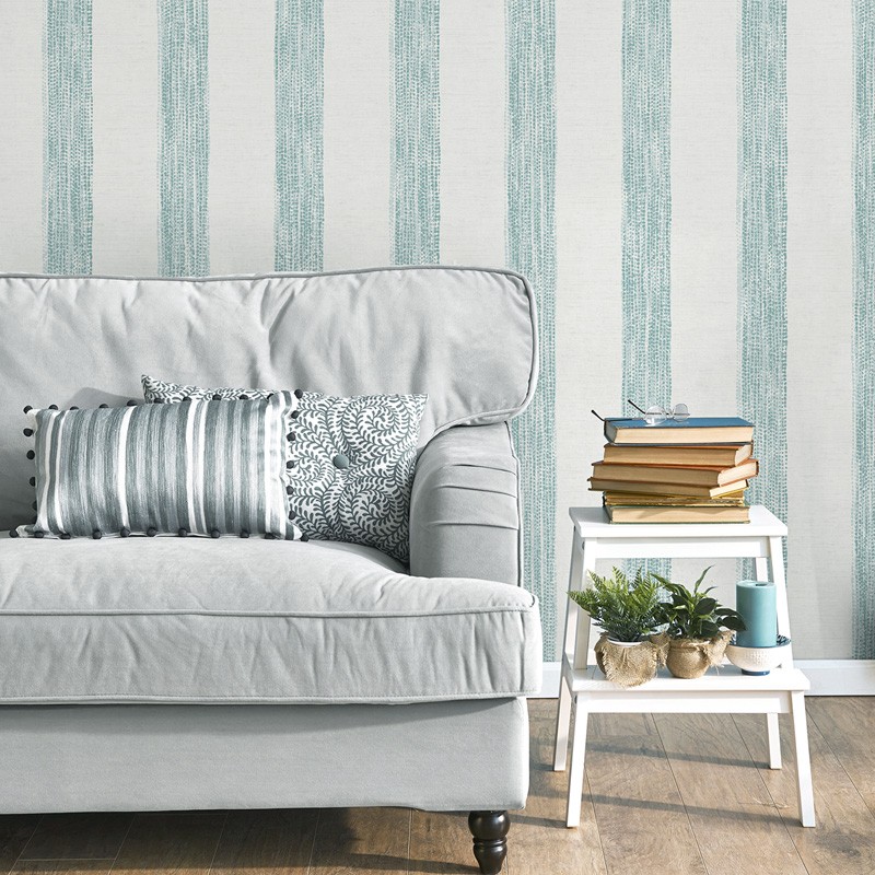Fotografía en detalle de Papel pintado RAYAS ÉTNICAS VERDE AGUA de Servicat Pinturas